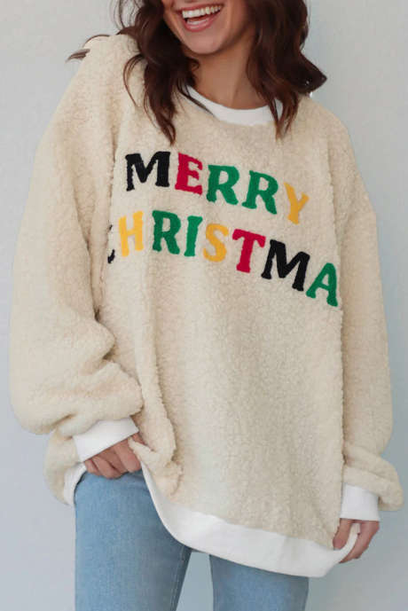 Weißes, mehrfarbig besticktes Sherpa-Pullover-Sweatshirt „MERRY CHRISTMAS“ LC25320398-P101