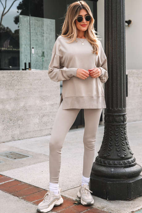 Ensemble 2 pièces sweat-shirt oversize fendu couleur unie et leggings côtelés LC628173-P2015
