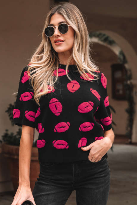 Svart Rugby Print Casual Stickad Kortärmad Tröja