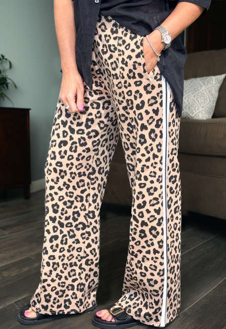 Parchment Leopard Print Contrast Side Detail Zip Pocket Wide Leg Pants