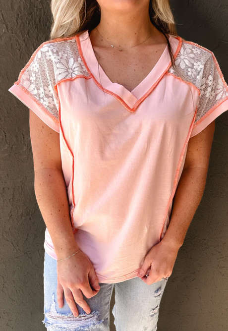 Apricot Pink Plus Size V Neck Exposed Seam Lace Patchwork Tee