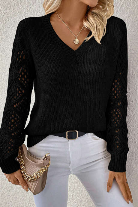 Black Solid V Neck Pointelle Knit Sleeve Patchwork Sweater