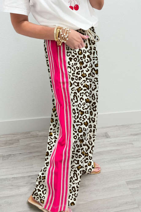 Beige Leopard Print Contrast Side Panel Patchwork Drawstring Wide Leg Pants