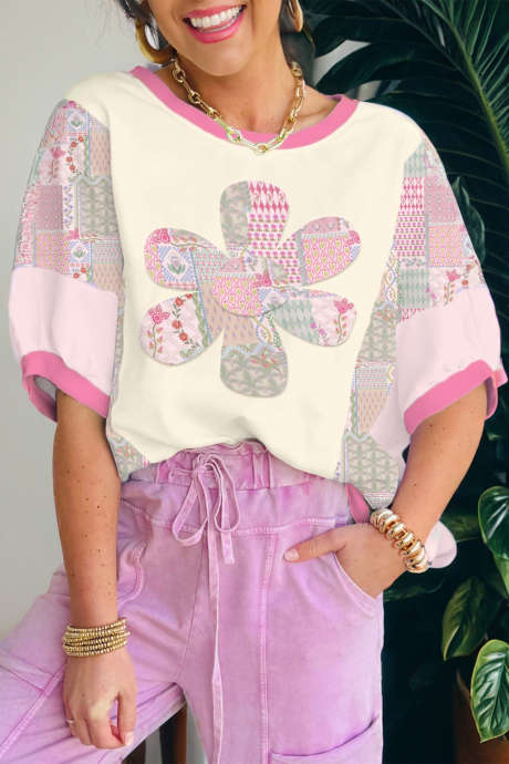 Beżowy, blokowy, kwiatowy patchwork z dużym kwiatowym akcentem, luźny top