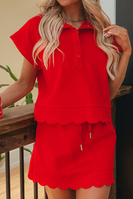 Ognistoczerwona, falbankowata lamówka, jednolity kolor, spódniczka mini w stylu henley, ściągana sznurkiem, 2 sztuki