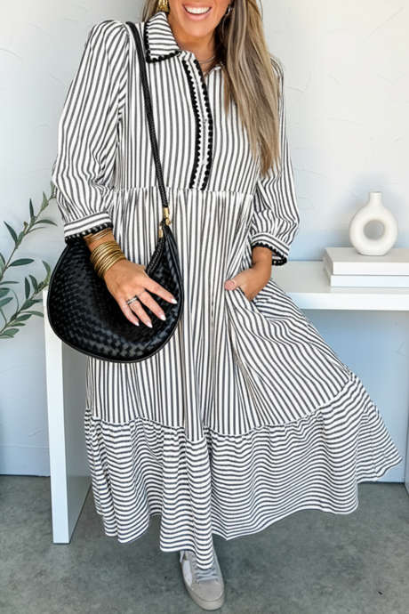 Robe longue à rayures noires, col à festons, demi-boutonnage, manches 3/4, LC6127519-P219