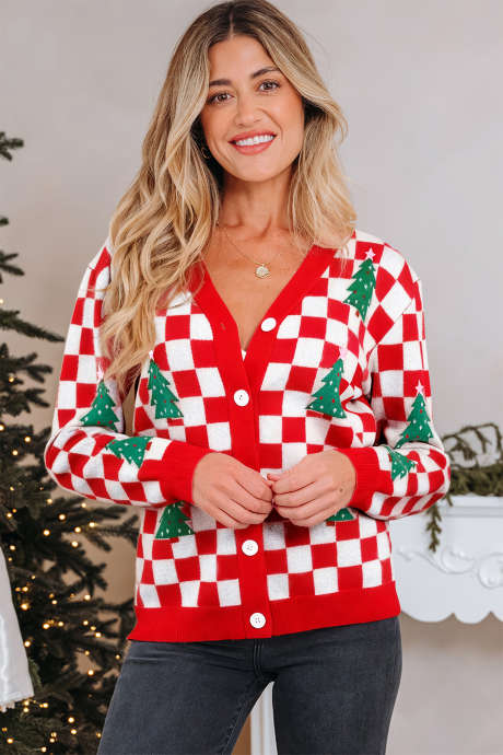 Pull cardigan à col en V boutonné à motif sapin de Noël à carreaux rouges