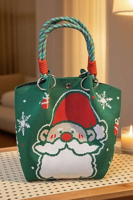Sac seau tricoté vert foncé à motif Père Noël