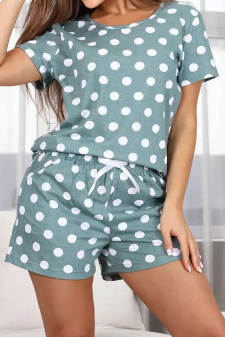 Conjunto de moletom curto com estampa de bolinhas e listras diagonais, de gola redonda e laço de fita.