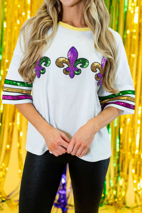 Bílé triko Fleur de Lis Mardi Gras Varsity s flitry