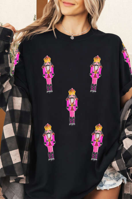 T-shirt décontracté Casse-Noisette de Noël à paillettes noires LC25230384-2