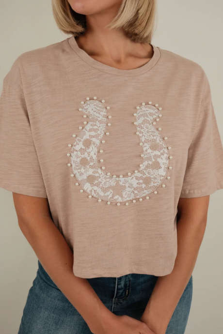 Smoke Gray Lace Pearled Decor Horse Shoe Graphic Western T Shirt
