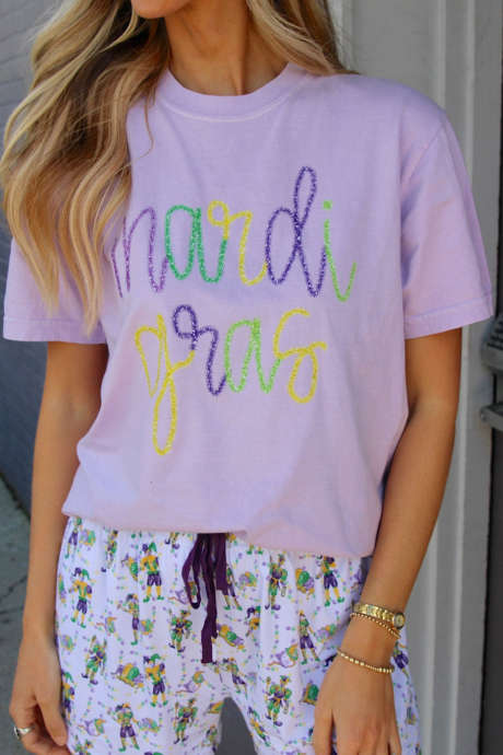 Volné tričko s potiskem letteru Lavendula Mardi Gras