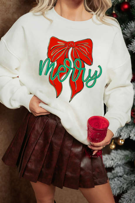 Sweat-shirt ample à épaules tombantes et imprimé nœud blanc festif LC25320994-15