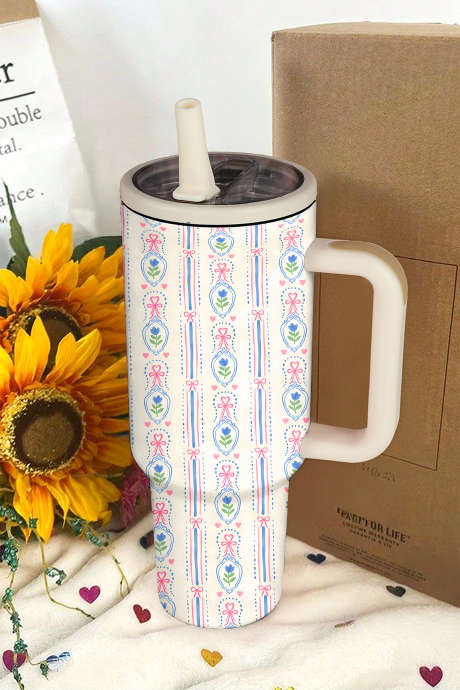 Gobelet à paille rabattable à imprimé floral rayé et nœud blanc BH051859-P101