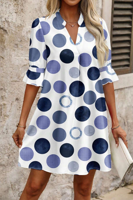 Blue Pinched V Neck Polka Dot Print Flounced Half Sleeve Casual Vacation Style Mini Dress