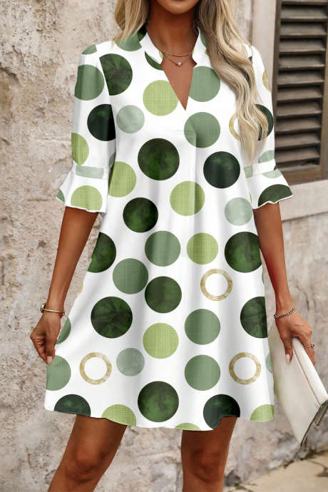 Green Pinched V Neck Polka Dot Print Flounced Half Sleeve Casual Vacation Style Mini Dress