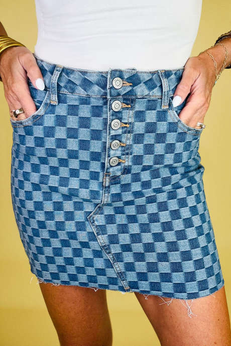 Dusk Blue Checkerboard Buttons Front Denim Mini Skirt