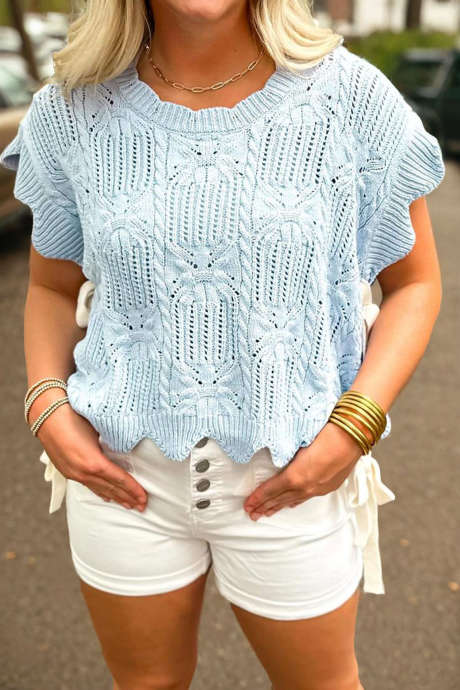 Sweter z krótkim rękawem Beau Blue Pointelle z dzianiny z wzorem i falbanką