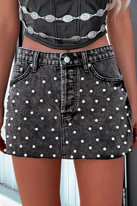Carbon Grey Pearl Embellished Raw Hem Cut Off Denim Mini Skirt