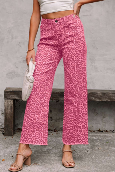 بنطال جينز واسع الساق وخصر مرتفع بنقشة جلد الفهد الوردي
