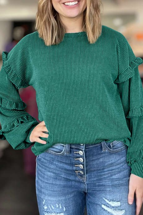 Evergreen Twisted Ribbed Tiered Ruffles Long Sleeve Pullover Top