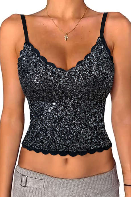 Zwarte tanktop met spaghettibandjes en pailletten