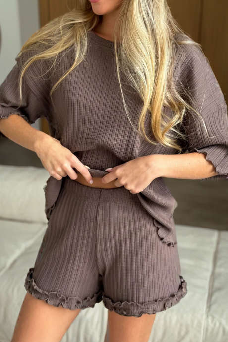 Temno rjav teksturiran rebrast pleten solatni obroba 2 kosa sedežne garniture