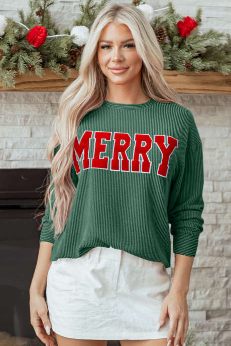 Evergreen Twisted Rib Outlined Merry Letter Graphic Loose Long Sleeve Top