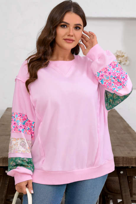 Blusa folgada com estampa floral plus size rosa e manga remendada com acabamento canelado