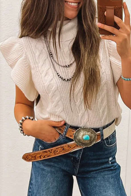 Jet Stream kabelgebreide coltrui met korte mouwen en ruches