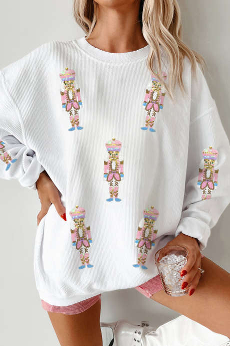 White Corded Rib Sequin Patched Nutcracker Graphic Drop Shoulder Sweatshirt
