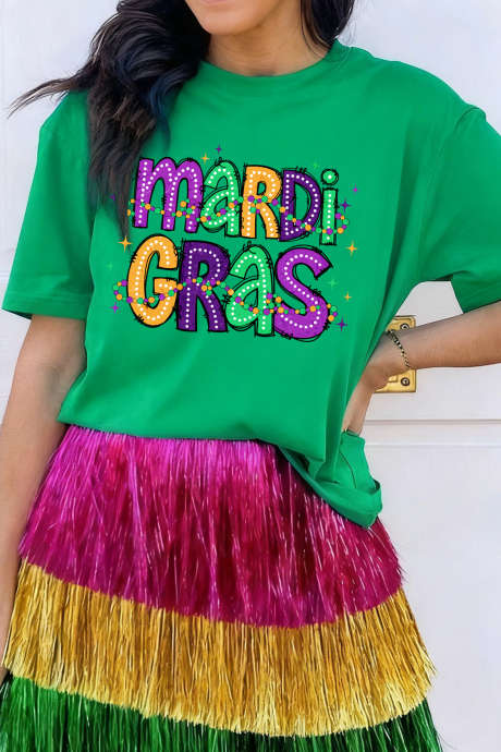 T-shirt graphique vert vif MARDI GRAS avec inscription charmante LC25230479-P109