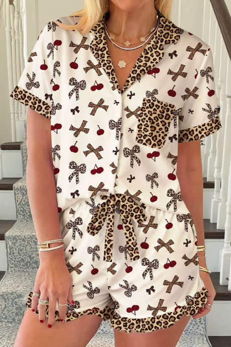 Biała, szykowna koszula z nadrukiem w panterkę w kolorze wiśniowym, kontrastowym, patchworkowym, ze ściągaczem, 2 szt. komplet wypoczynkowy