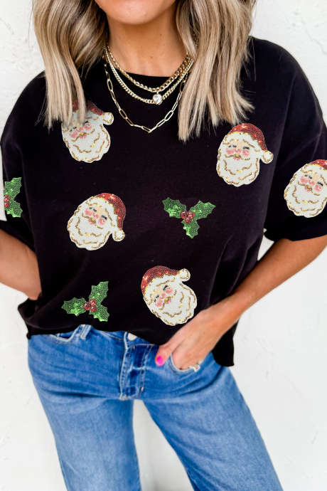 Camiseta preta de Natal com estampa de Papai Noel e azevinho em lantejoulas LC25230460-2