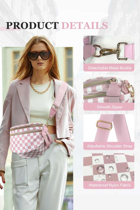 Vaaleanpunainen ruutukuvioinen leveäolkaininen suuri olkalaukku