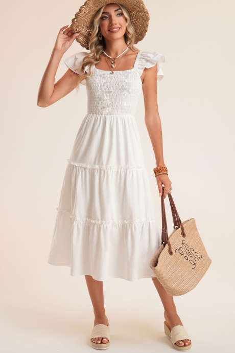 Vestido midi branco personalizável com decote quadrado e corpete franzido e mangas esvoaçantes