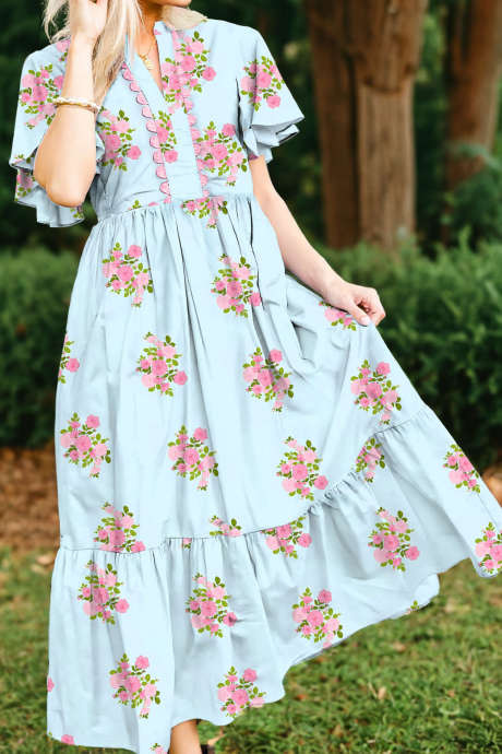 スカイブルーフローラルプリントフラッターショートスリーブリクラックトリムノッチネックマキシドレス
