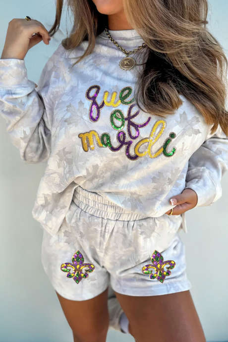 Beżowy zestaw krótkich spodenek z nadrukiem klonowo-leśnym, królowa karnawału, cekinami i naszywkami, 2 szt.