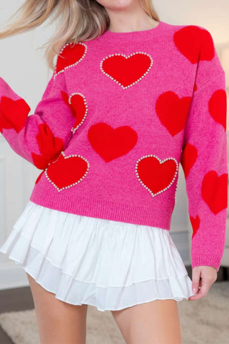 Rozerode parelversiering Valentijnsdag hartprint trui