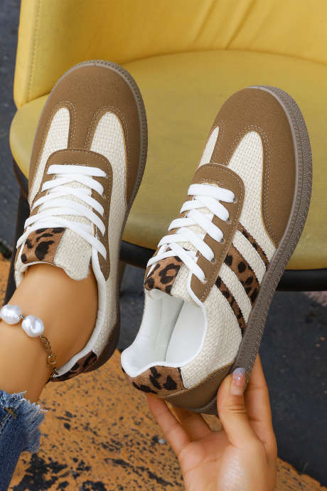 Coffee Color Block Leopard Patchwork Lace-up Flat Shoes