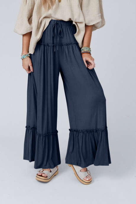 Navy Blue Frilled Drawstring High Waist Wide Leg Pants