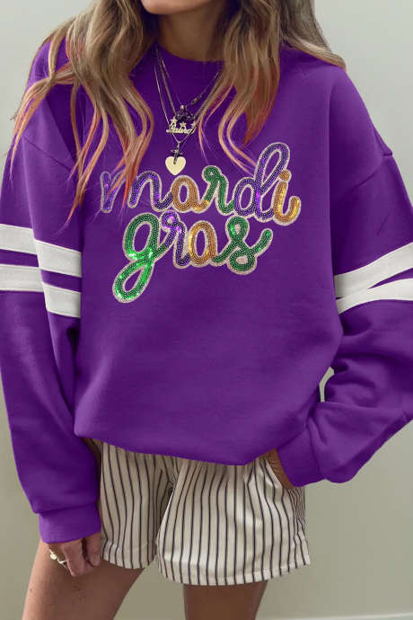 Sweat-shirt universitaire oversize à paillettes violettes Tillandsia, motif lettres Mardi Gras, LC25321009-P8