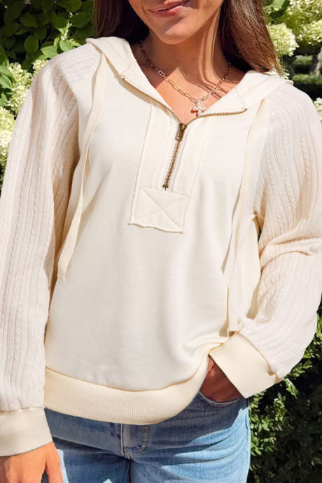 Sweat à capuche beige uni texturé à manches patchwork et demi-zip LC25320727-P15