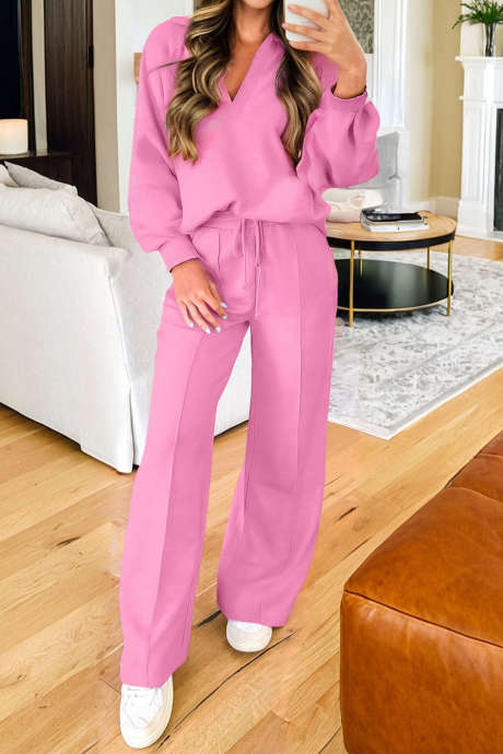 Ensemble pull col polo rose vif à col en V et pantalon de survêtement à cordon de serrage