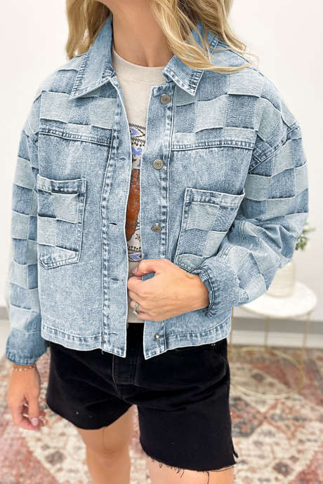 Veste décontractée en denim bleu à carreaux pour femme, modèle patchwork, LC788865-P804