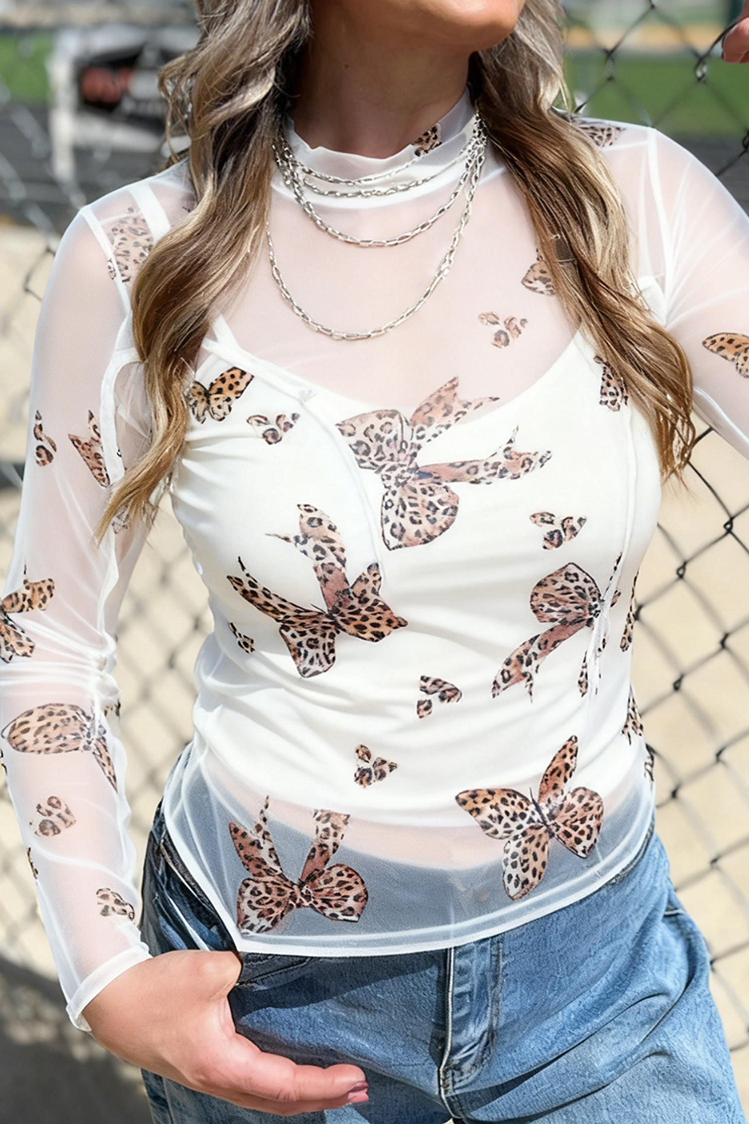 $4.62 White Leopard Printed Butterfly Mock Neck Sheer Mesh Long Sleeve ...