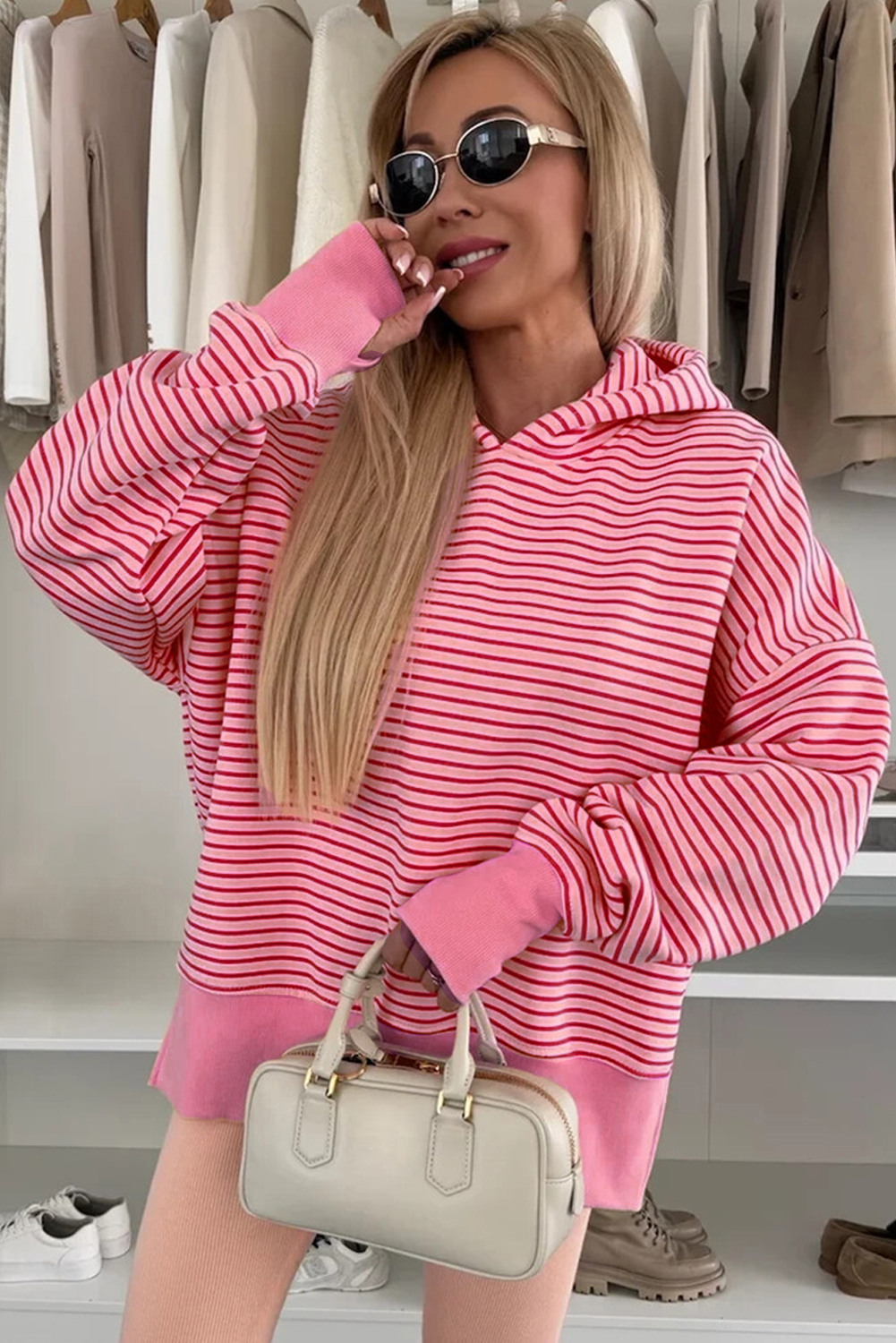 $10.62 Rose Stripe Thumbhole Side Slits Drop Shoulder Loose Fit