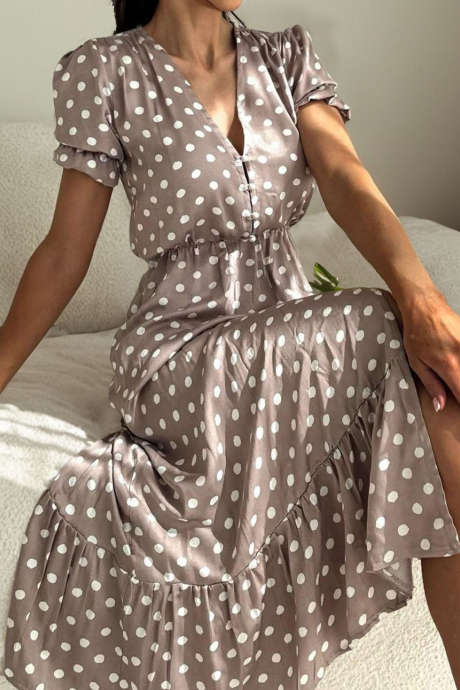 Robe maxi courte à pois taupe, manches bouffantes et fente latérale