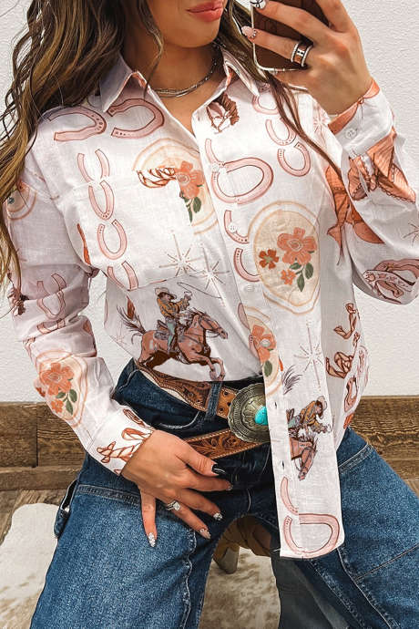 Camisa vaquera blanca con botones y estampado de rodeo LC2556545-P120